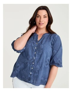 Cotton Embroidery Flower Top Steel Blue