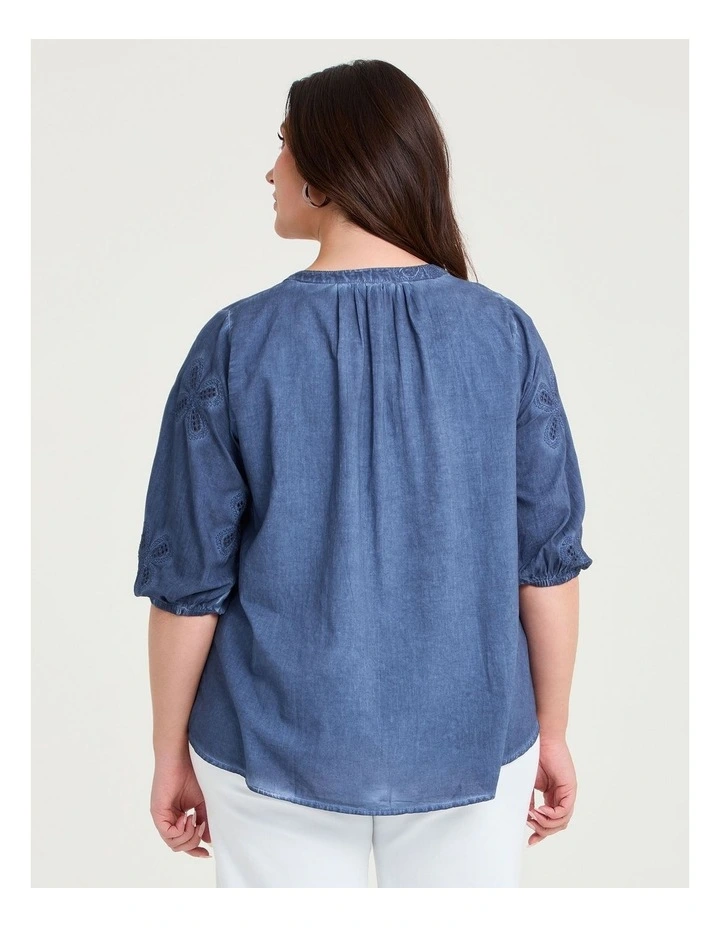 Cotton Embroidery Flower Top Steel Blue image 2