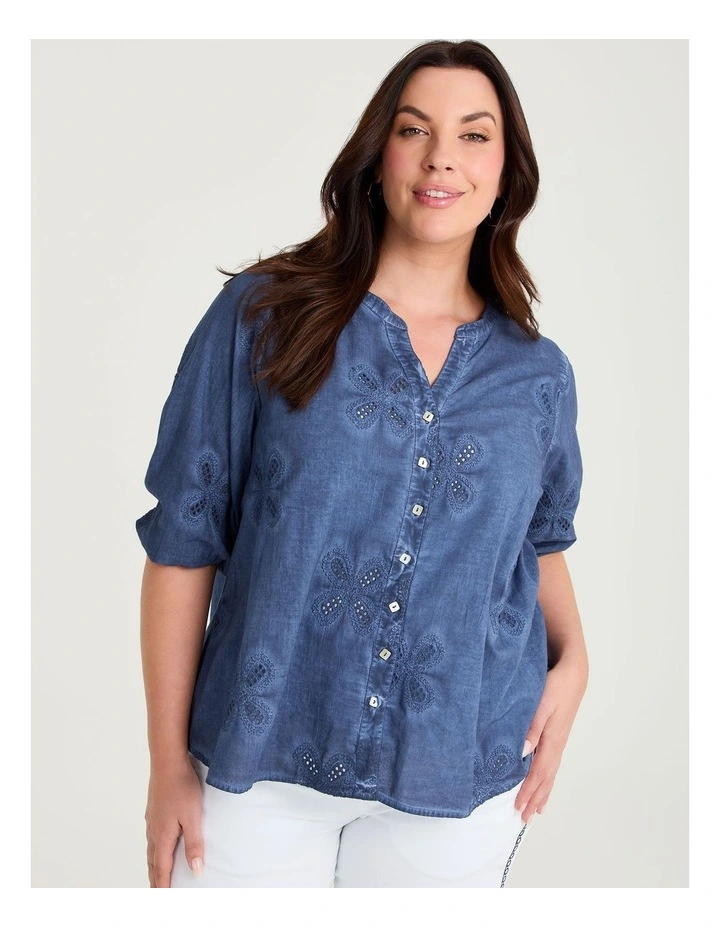 Cotton Embroidery Flower Top Steel Blue image 3