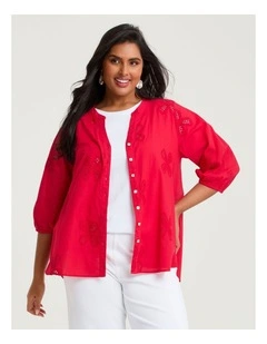 Cotton Embroidery Flower Top Racing Red