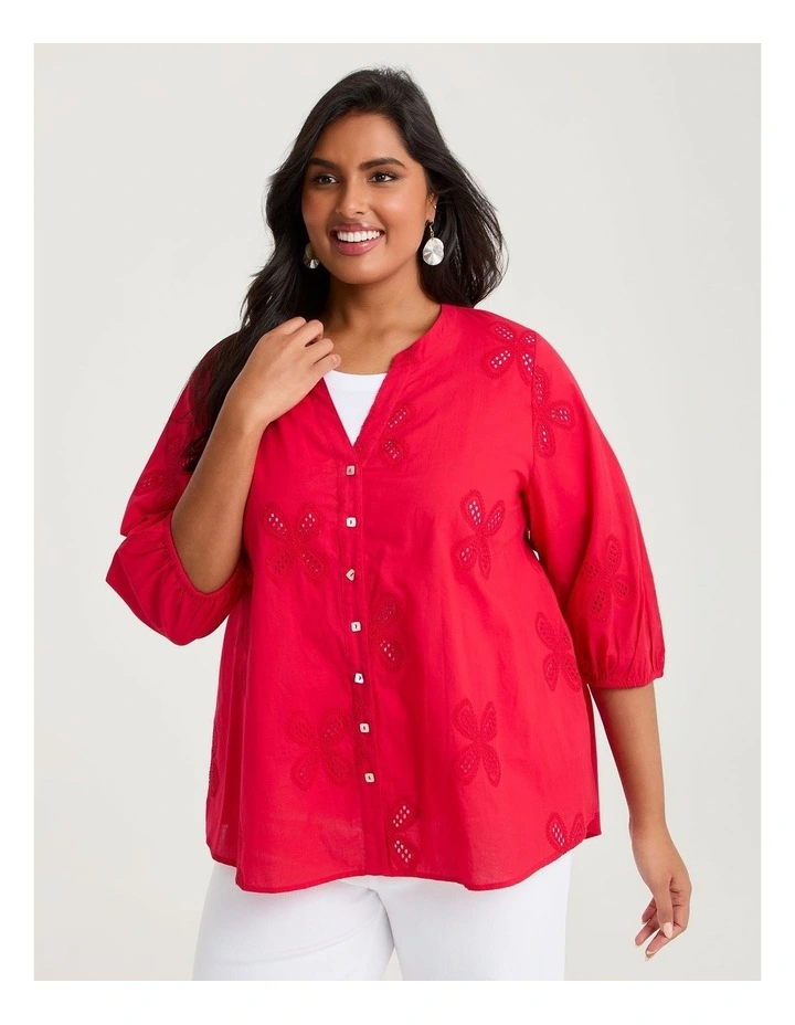 Cotton Embroidery Flower Top Racing Red image 3