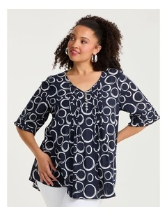 Cotton Elbow Sleeve Pintuck Top Navy Circles Print