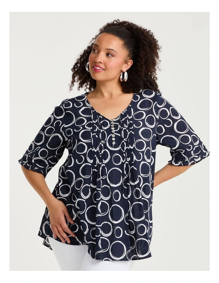 Cotton Elbow Sleeve Pintuck Top Navy Circles Print image 1