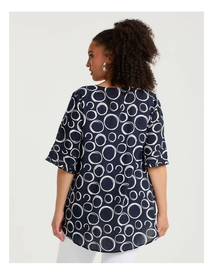 Cotton Elbow Sleeve Pintuck Top Navy Circles Print image 2