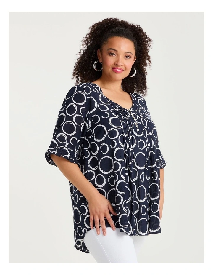 Cotton Elbow Sleeve Pintuck Top Navy Circles Print image 3