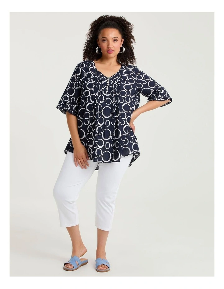 Cotton Elbow Sleeve Pintuck Top Navy Circles Print image 4