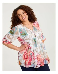 Cotton Elbow Sleeve Pintuck Top Vintage Floral Print