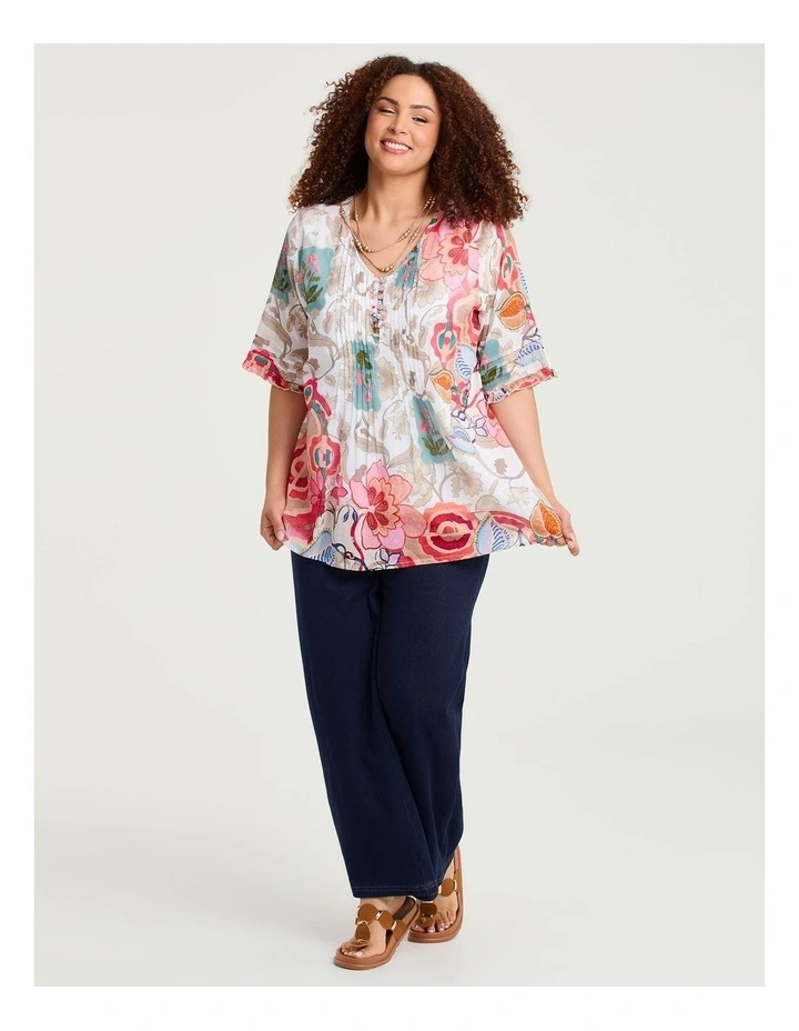 Cotton Elbow Sleeve Pintuck Top Vintage Floral Print image 3