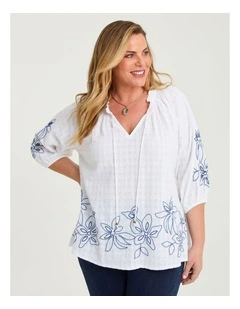 Cotton Blend Dobby Embroidery Top White