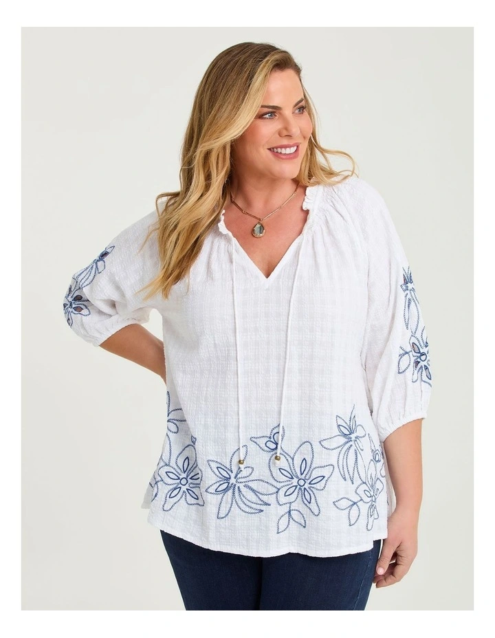 Cotton Blend Dobby Embroidery Top White image 1