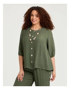 Natural Balloon Sleeve Button Top in Willow Green