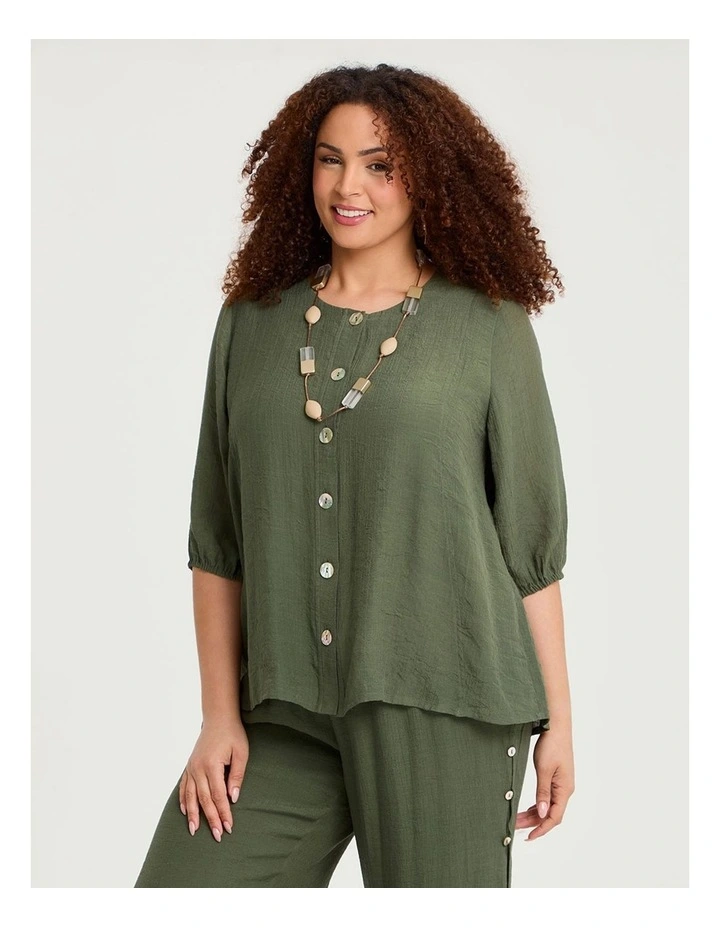 Natural Balloon Sleeve Button Top in Willow Green image 1