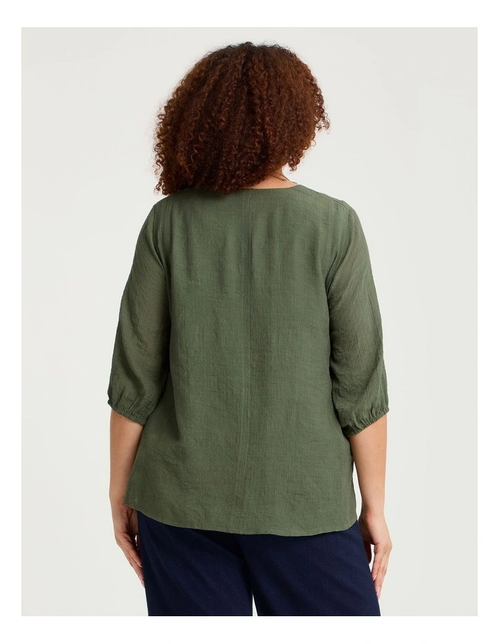 Natural Balloon Sleeve Button Top in Willow Green image 2