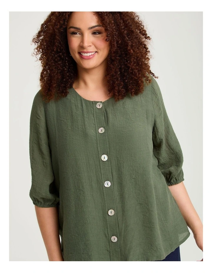 Natural Balloon Sleeve Button Top in Willow Green image 3