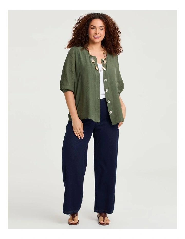 Natural Balloon Sleeve Button Top in Willow Green image 4
