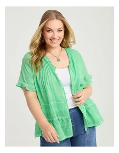 Cotton Frill Detail Button Top Soft Green