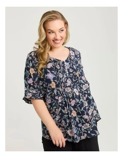 Cotton Elbow Sleeve Pintuck Top Garden Floral Print
