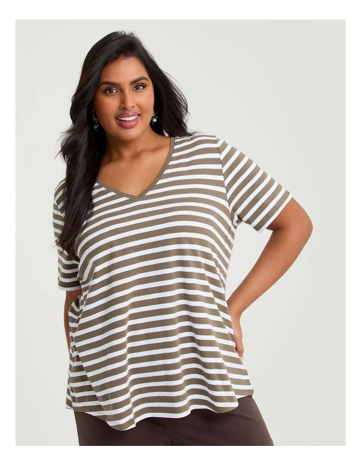 Australian Cotton Stripe T-shirt Elm Green/off White image 1