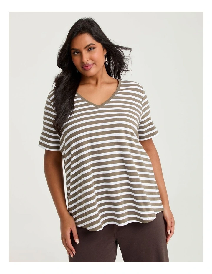 Australian Cotton Stripe T-shirt Elm Green/off White image 3