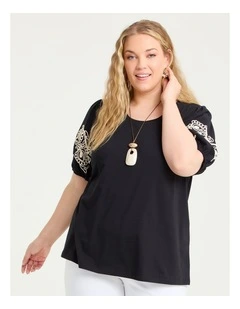 Cotton Embroidery Sleeve Top Black