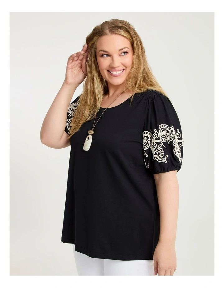 Cotton Embroidery Sleeve Top Black image 3