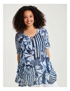 Mesh Trim Slub Knit Crush Tunic Dark Indigo Print