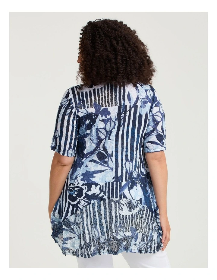 Mesh Trim Slub Knit Crush Tunic Dark Indigo Print image 2