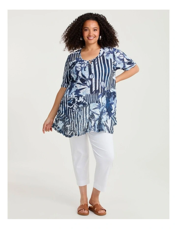 Mesh Trim Slub Knit Crush Tunic Dark Indigo Print image 3