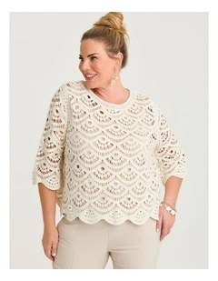 Crochet & Sequin Cotton Knit Top Sand Beige