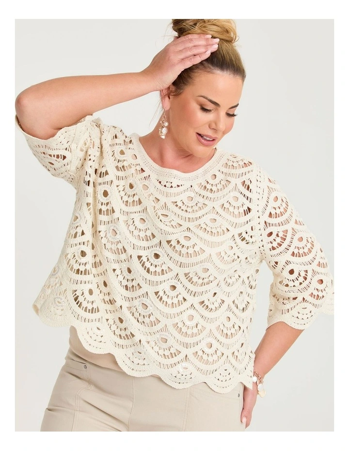 Crochet & Sequin Cotton Knit Top Sand Beige image 3
