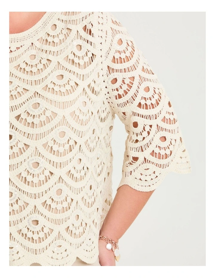 Crochet & Sequin Cotton Knit Top Sand Beige image 4