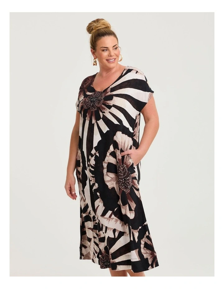 Floral Stripe Natural Maxi Dress Chocolate Print image 3