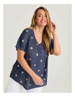 Shimmer Foil Spot Top Navy/rose Gold