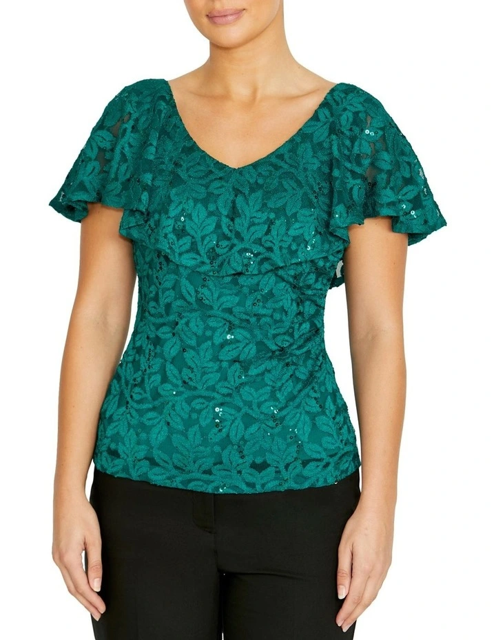 Trudy Green Sequin Lace Top image 1