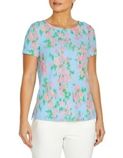 Remy Floral Haze Jersey Top in Blue