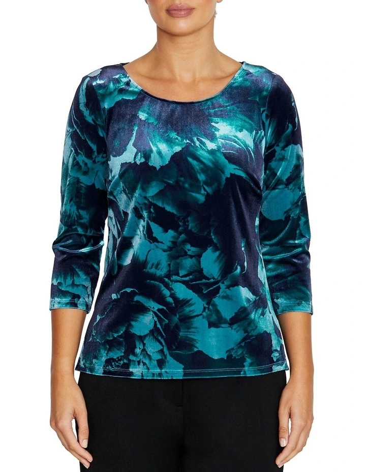 Viola Rose Printed Velour Top in Teal image 1