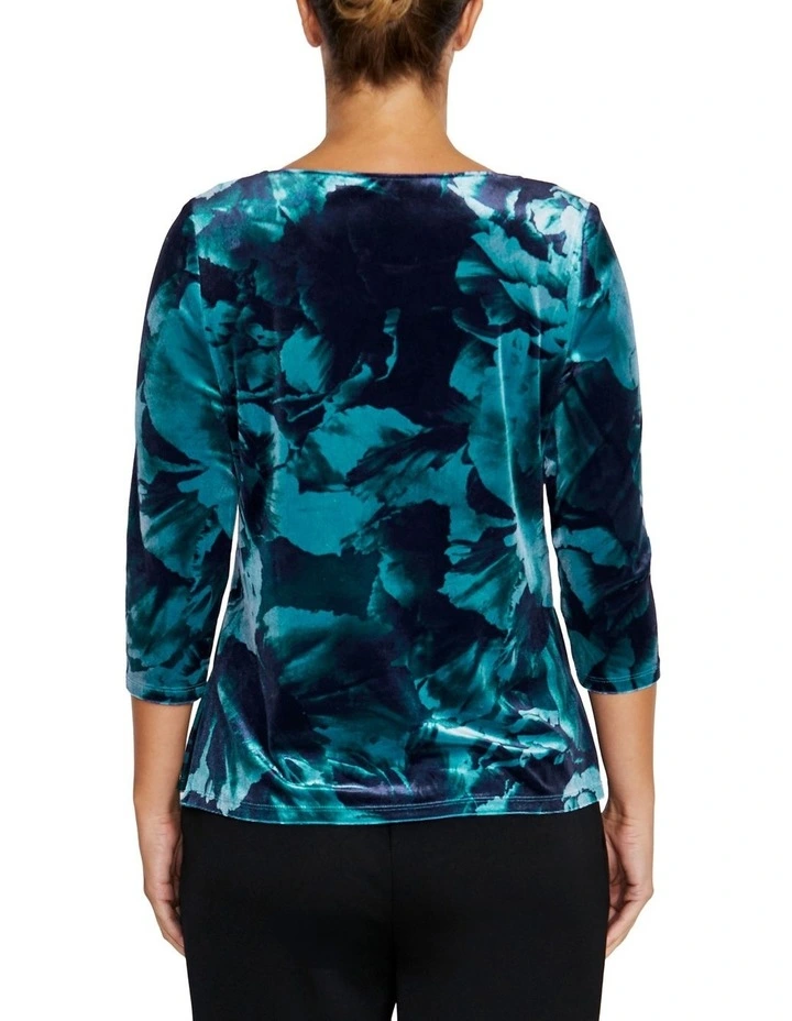 Viola Rose Printed Velour Top in Teal image 2