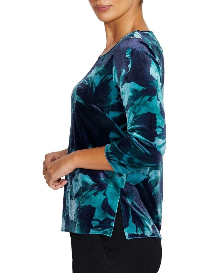 Viola Rose Printed Velour Top in Teal image 3