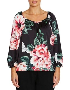 Ena Floral Satin Blouse in Black