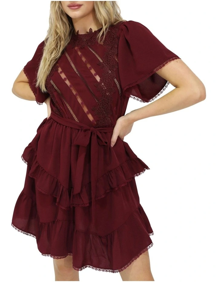 The Softest Spell Ruffle Mini Dress in Burgundy image 1