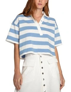 School Boy V-neck Top in Blue/White