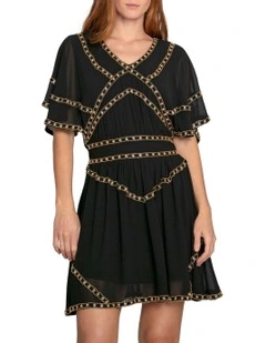 Golden Mark Beaded Trim Mini Dress in Black