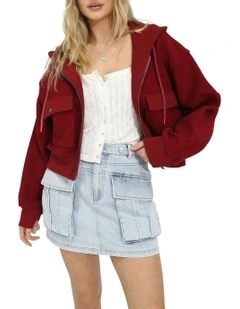 Fireside Cropped Utility Zip Jacket in Burgundy