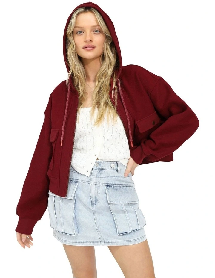 Fireside Cropped Utility Zip Jacket in Burgundy image 2