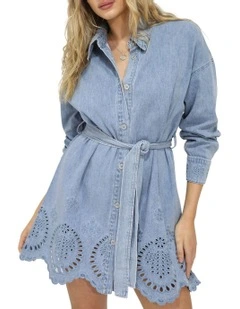 Sunday Somewhere Denim Broderie Mini Shirt Dress in Stonewash