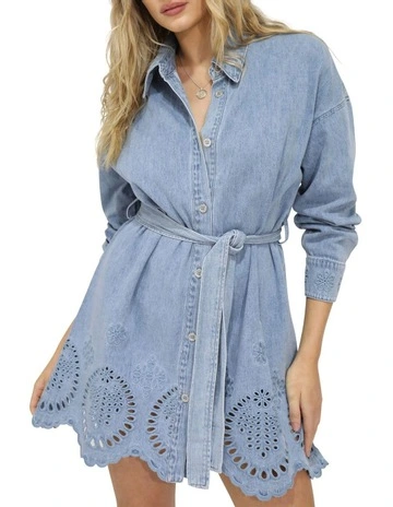 Sunday Somewhere Denim Broderie Mini Shirt Dress in Stonewash