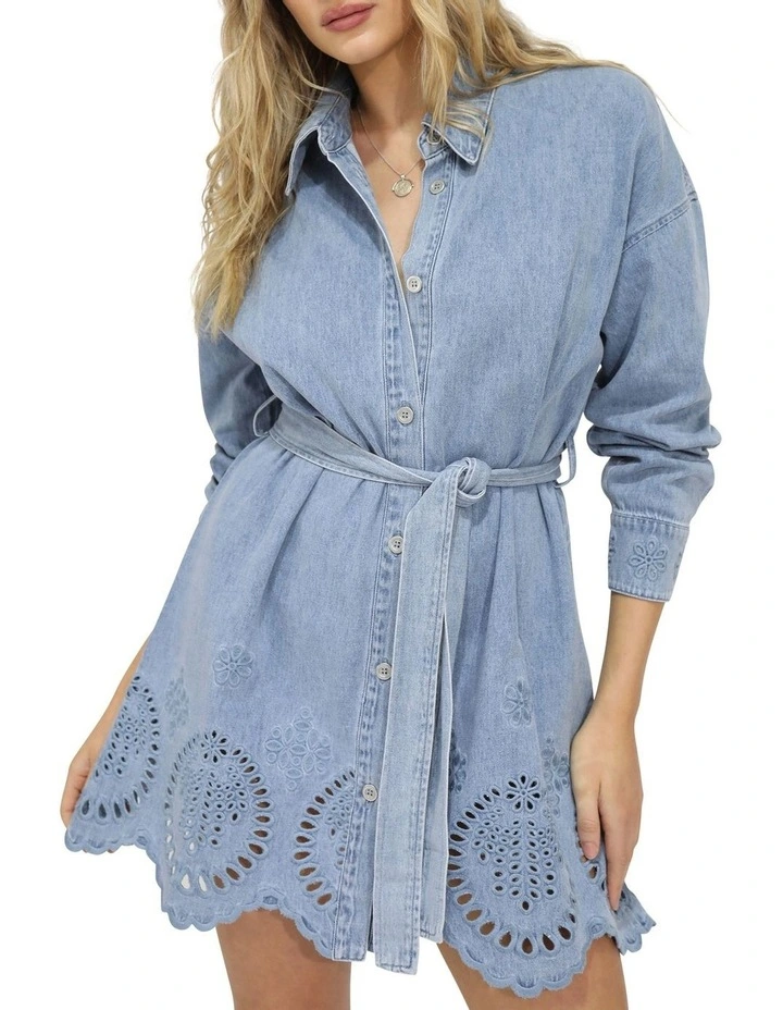 Sunday Somewhere Denim Broderie Mini Shirt Dress in Stonewash image 1
