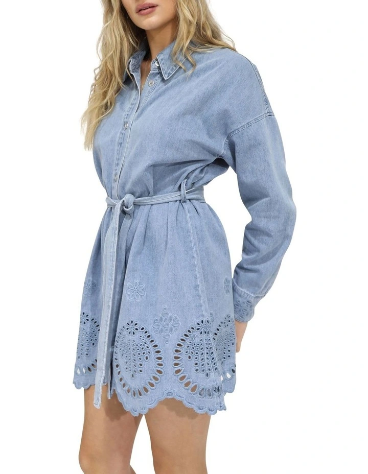 Sunday Somewhere Denim Broderie Mini Shirt Dress in Stonewash image 3