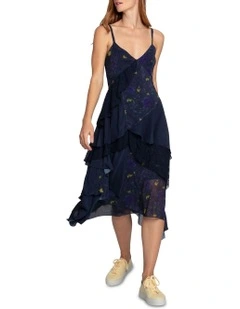 Charmed Floral Print Ruffle Midi Dress in Navy