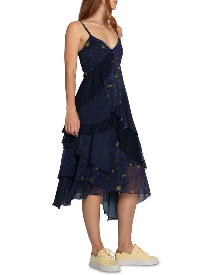 Charmed Floral Print Ruffle Midi Dress in Navy image 2